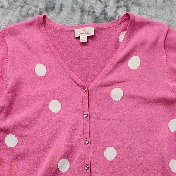Quacker Factory Sweater Womens S Pink White Polka Dot V-Neck Buttons Preppy - Picture 3 of 10